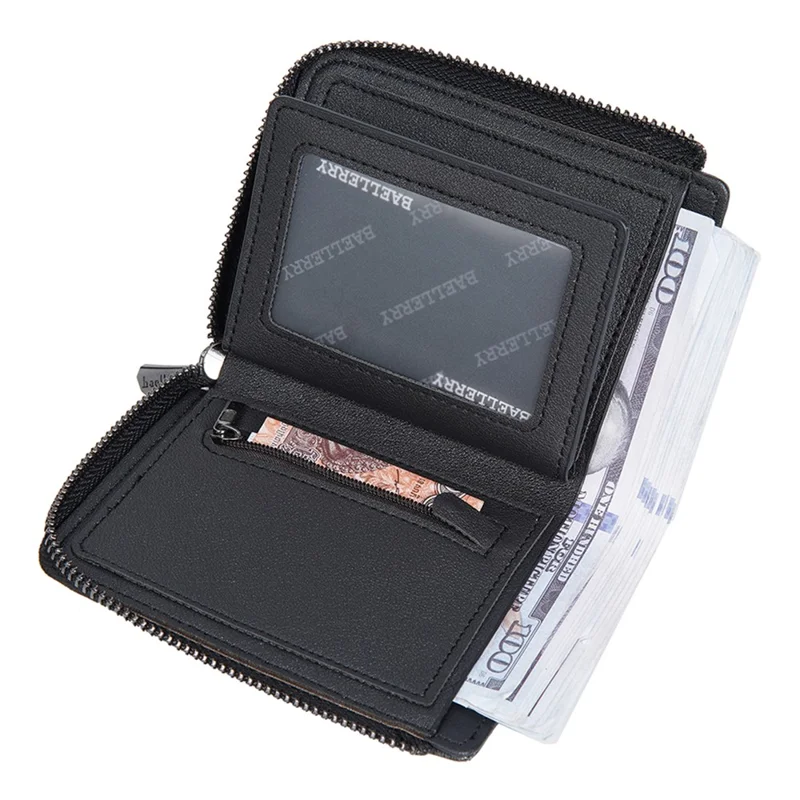 BAELLERRY D3049 Business PU Leather Men Bi-Fold Wallet RFID Blocking Zipper Coin Purse - Black