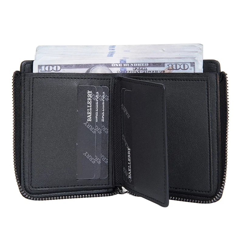 BAELLERRY D3049 Business PU Leather Men Bi-Fold Wallet RFID Blocking Zipper Coin Purse - Black
