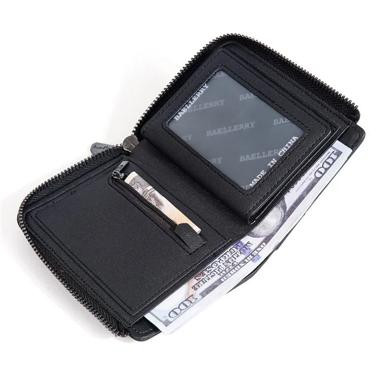 BAELLERRY D3047 Business Men Short Wallet RFID Blocking PU Leather Zipper Purse - Schwarz