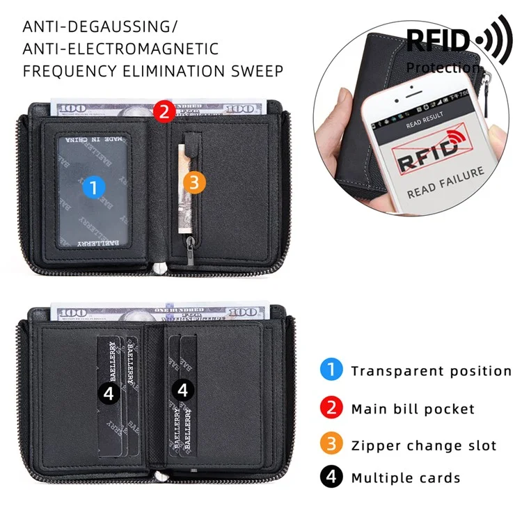 BAELLERRY D3047 Business Men Short Wallet RFID Blocking PU Leather Zipper Purse - Schwarz