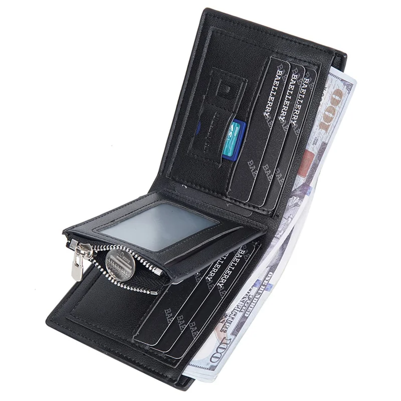 BAELLERRY D3075 Portefeuille Homme Affaires Conception de Poche Zippée Cuir PU Porte-Carte Porte-Monnaie - Noir / Horizontal