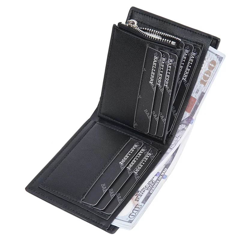 BAELLERRY D3075 Portefeuille Homme Affaires Conception de Poche Zippée Cuir PU Porte-Carte Porte-Monnaie - Noir / Horizontal