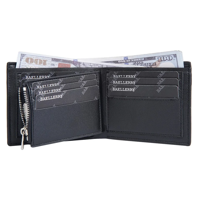 BAELLERRY D3075 Portefeuille Homme Affaires Conception de Poche Zippée Cuir PU Porte-Carte Porte-Monnaie - Noir / Horizontal