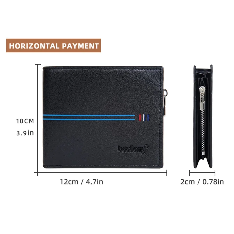 BAELLERRY D3075 Portefeuille Homme Affaires Conception de Poche Zippée Cuir PU Porte-Carte Porte-Monnaie - Noir / Horizontal