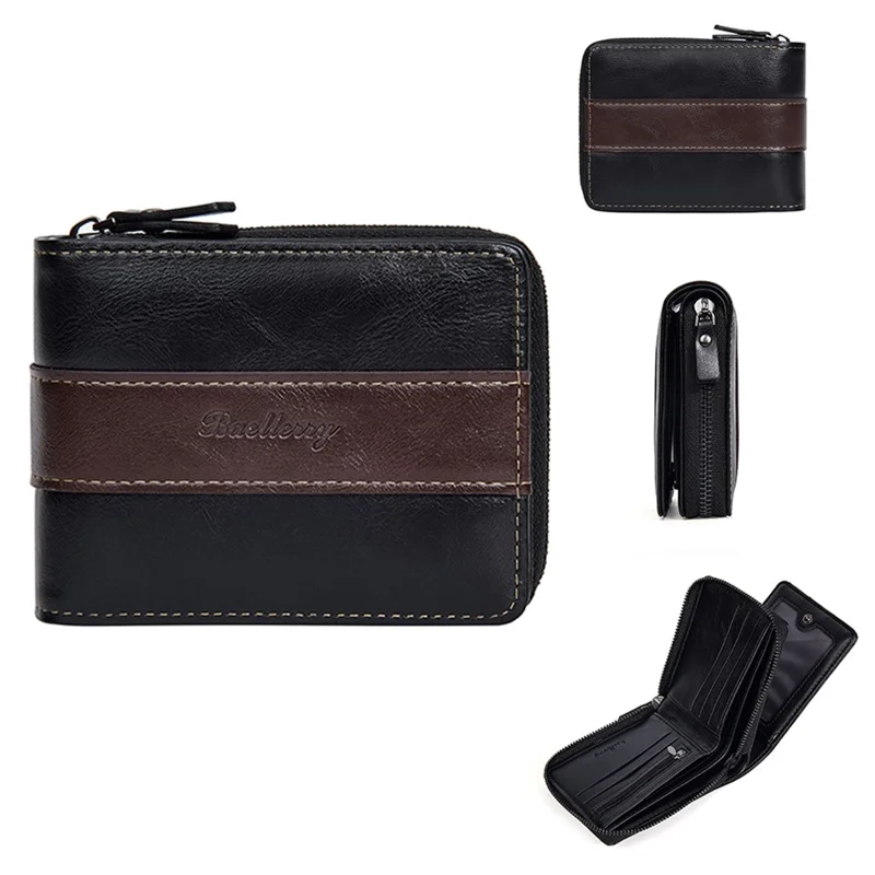 BAELLERRY D5111 Retro Men Short Wallet PU Leather Card Cash Holder Zipper Purse - Black