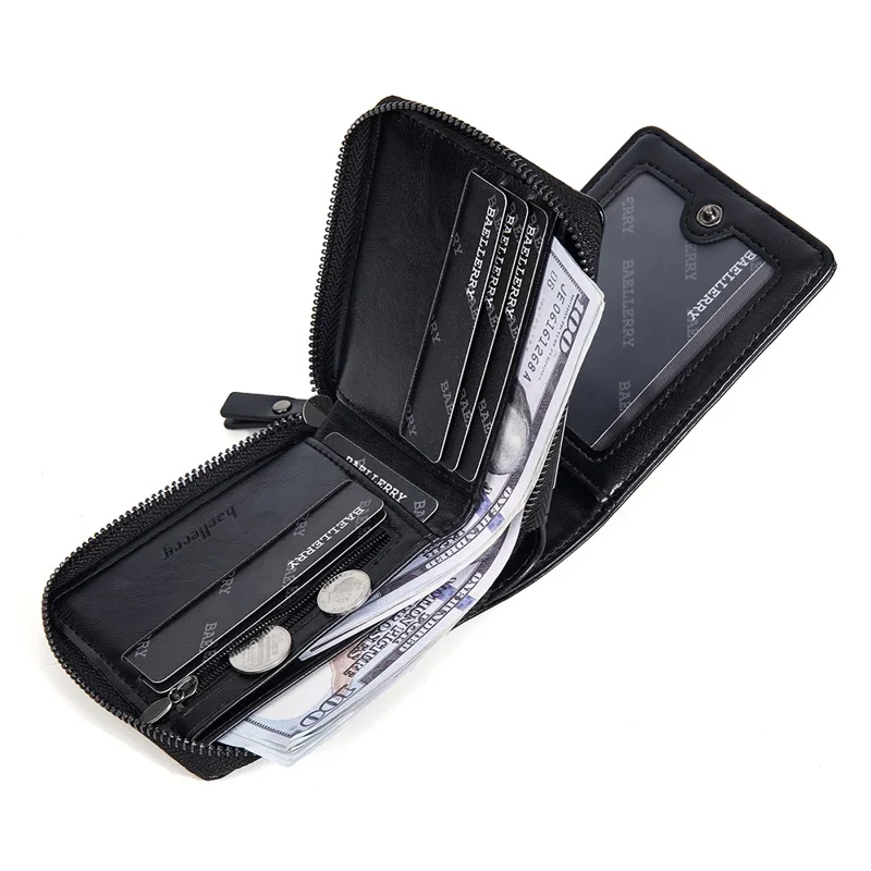 BAELLERRY D5111 Retro Men Short Wallet PU Leather Card Cash Holder Zipper Purse - Black
