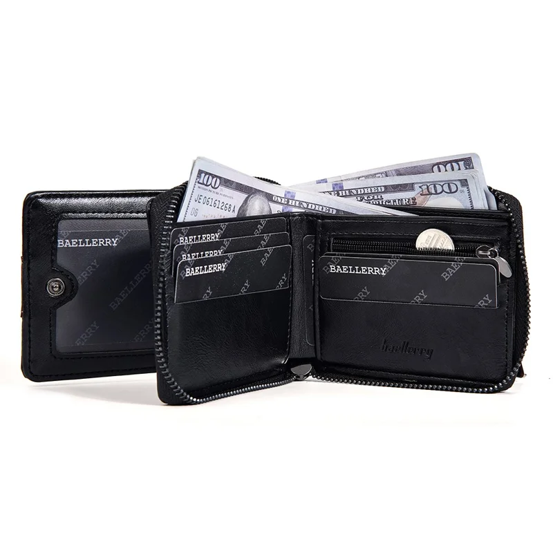 BAELLERRY D5111 Retro Men Short Wallet PU Leather Card Cash Holder Zipper Purse - Black