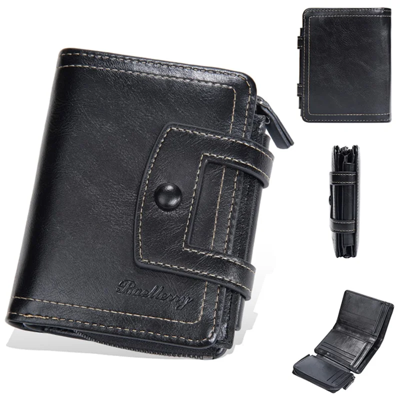 Portefeuille BAELLERRY D5112 en cuir PU avec bouton-pression pour hommes, tri-pli, porte-cartes et porte-monnaie - Noir