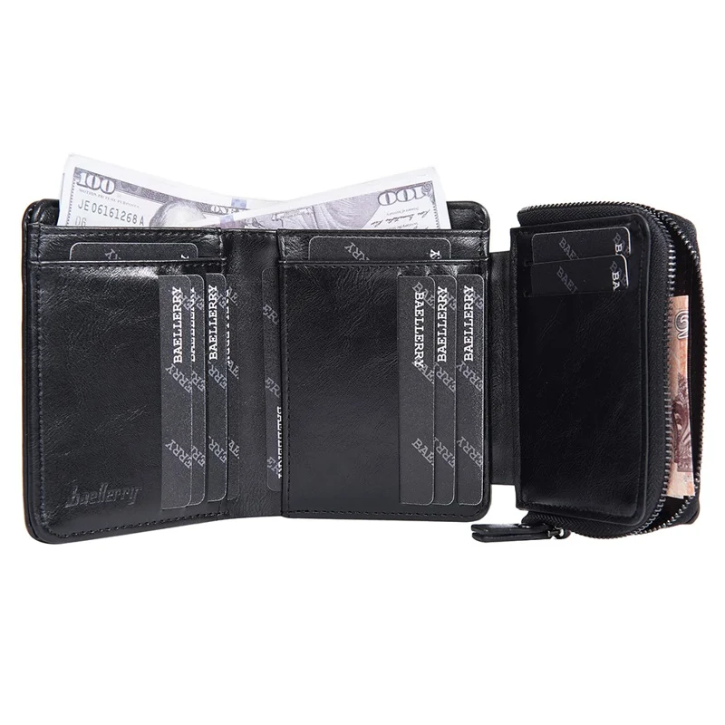 Portefeuille BAELLERRY D5112 en cuir PU avec bouton-pression pour hommes, tri-pli, porte-cartes et porte-monnaie - Noir