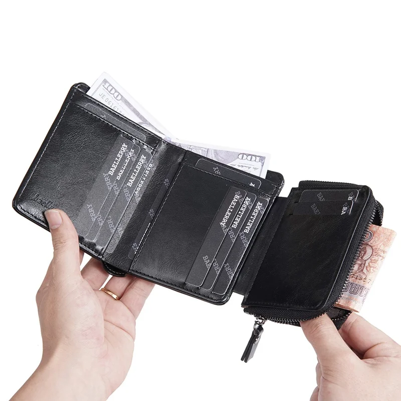 Portefeuille BAELLERRY D5112 en cuir PU avec bouton-pression pour hommes, tri-pli, porte-cartes et porte-monnaie - Noir