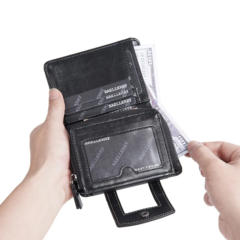 Portefeuille BAELLERRY D5112 en cuir PU avec bouton-pression pour hommes, tri-pli, porte-cartes et porte-monnaie - Noir