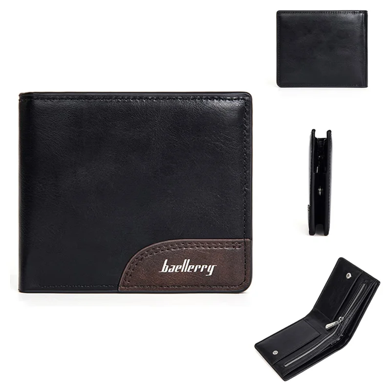 BAELLERRY D2405 Contrast Color Bi-Fold Men Wallet Retro PU Leather Cards Cash Holder - Black