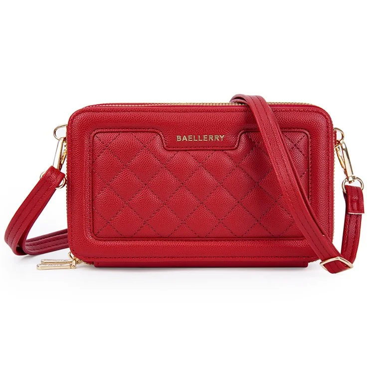 BAELLERRY N8332 Damen PU-Leder Doppelreißverschluss Umhängetasche Mehrere Kartenschlitze Handytasche Geldbörse - Rot