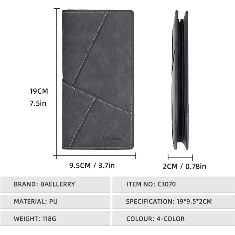 BAELLERRY C3070 Frosted PU Leather Long Wallet Men Large Capacity Cash Cards Holder with Zipper Pocket - Black