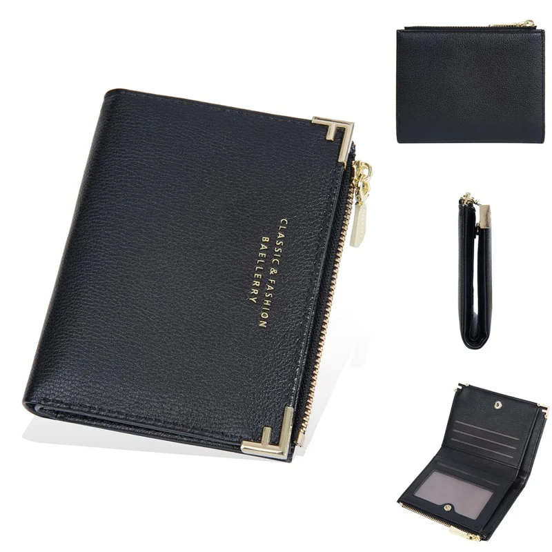BAELLERRY NR109 PU Leather Women Coin Purse Bi-fold Short Wallet with Zipper Pocket - Negro