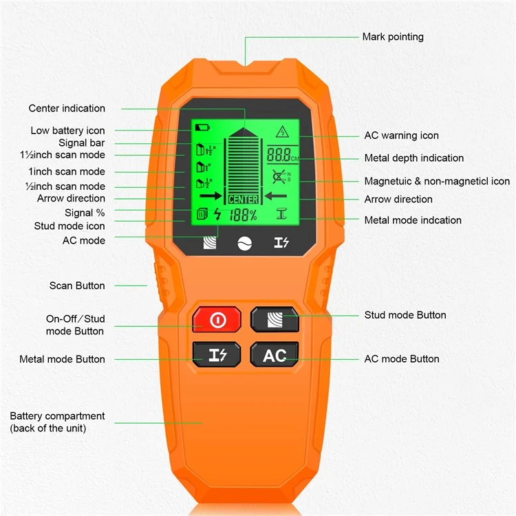 HW-QB6 5 in 1 LCD Wall Stud Finder Edge Center Wood Current Metal AC Live Wire Detector - Yellow