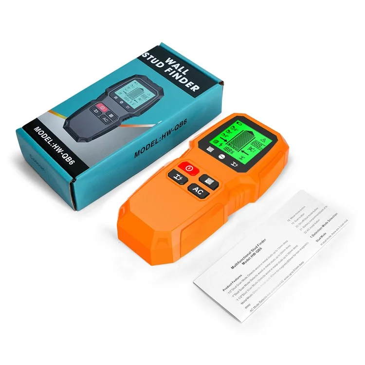 HW-QB6 5 in 1 LCD Wall Stud Finder Edge Center Wood Current Metal AC Live Wire Detector - Yellow