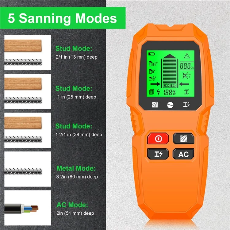 HW-QB6 5 in 1 LCD Wall Stud Finder Edge Center Wood Current Metal AC Live Wire Detector - Yellow