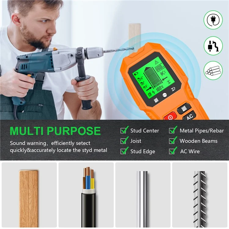 HW-QB6 5 in 1 LCD Wall Stud Finder Edge Center Wood Current Metal AC Live Wire Detector - Yellow