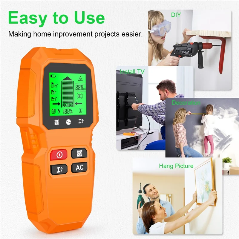 HW-QB6 5 in 1 LCD Wall Stud Finder Edge Center Wood Current Metal AC Live Wire Detector - Yellow