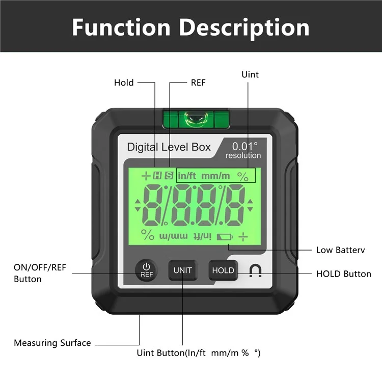 JD10 Digital Level Box Mini Angle Finder Magnetic Base LCD Bevel Gauge Inclinometer per falegnameria, con bolla d'aria - Nero+Bianco