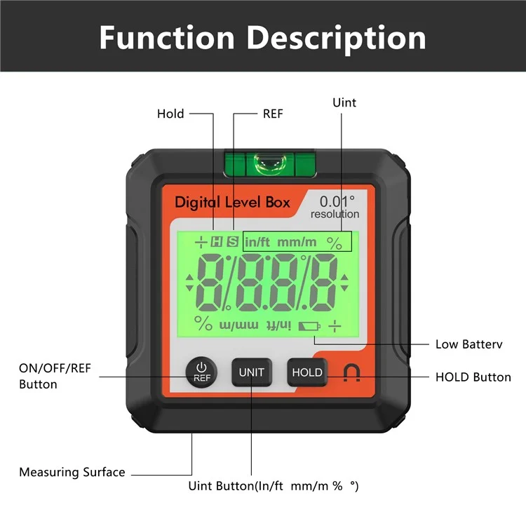 JD10 Digital Level Box Mini Angle Finder Magnetic Base LCD Bevel Gauge Inclinometer for Carpentry, with Bubble - Red+White