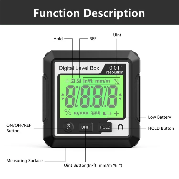 Caja de nivel digital JD10 Mini buscador de ángulos con base magnética, indicador de bisel LCD, inclinómetro para carpintería, sin burbuja - Negro+Blanco