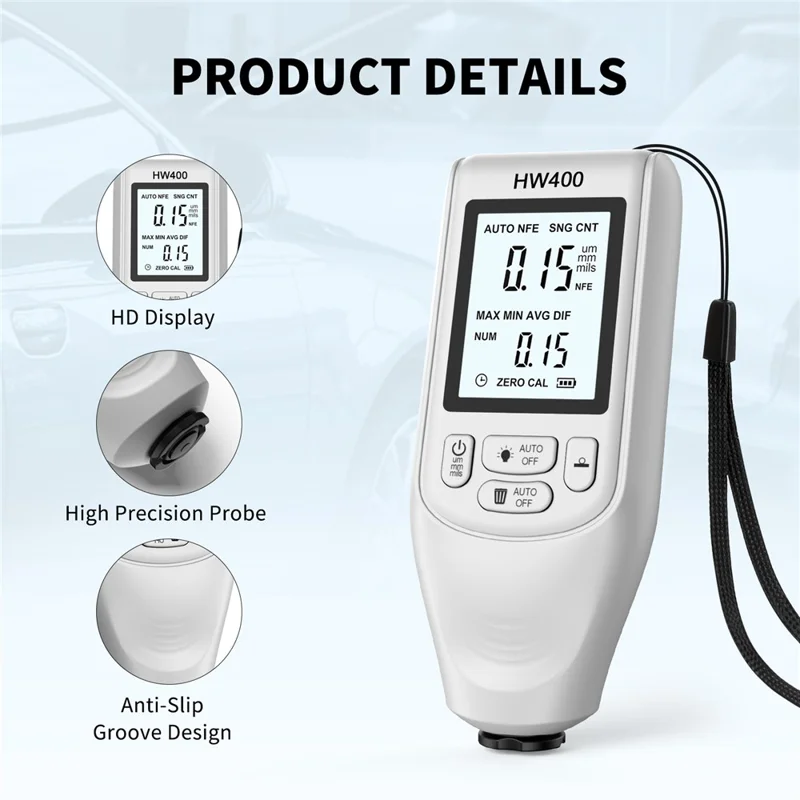 HW400 Automobile Thickness Gauge Car Paint Tester Thickness Coating Measuring Tool - White