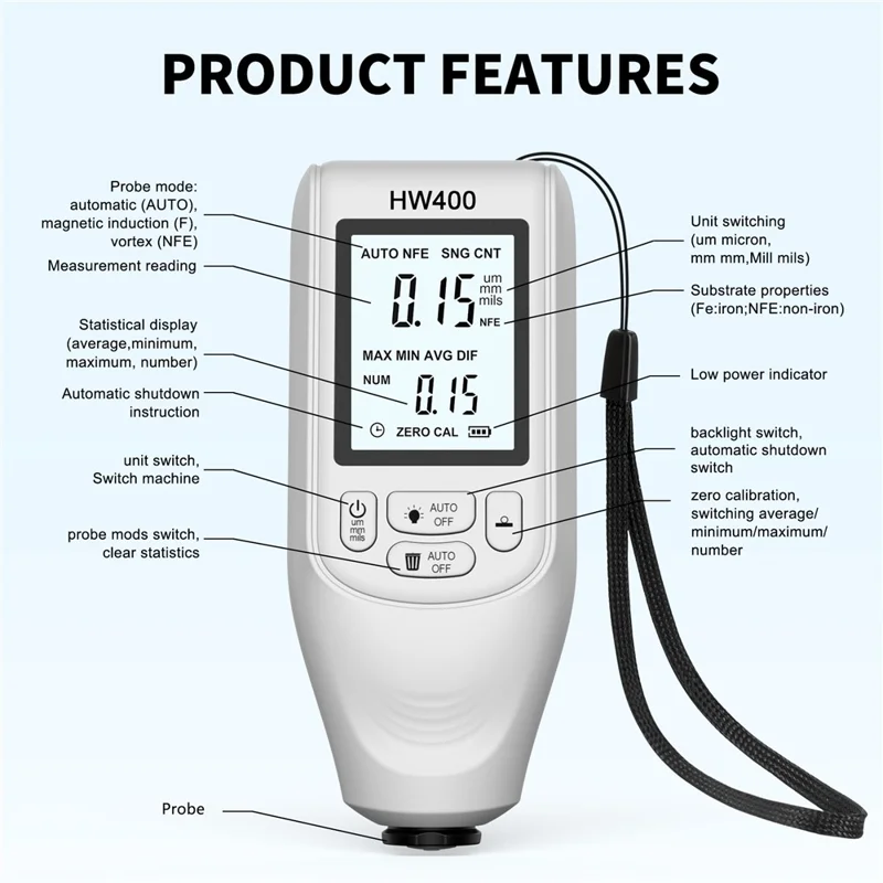 HW400 Automobile Thickness Gauge Car Paint Tester Thickness Coating Measuring Tool - White