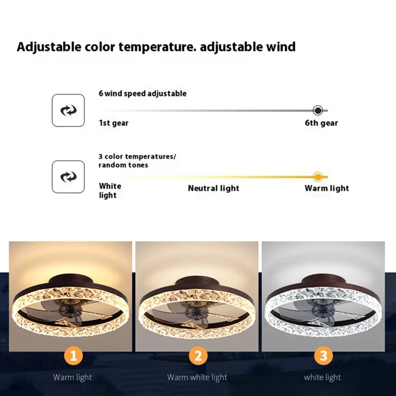 50cm 220V 6 Speeds Adjustable Luxury Ceiling Fan Light for Living Room / Bedroom / Dining Room Decorative Lamp - Black