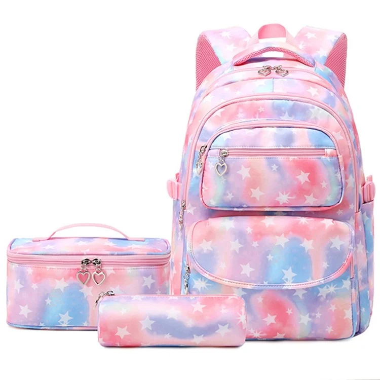 3pcs / Set Stars Padrão Kids Backpack Lunchag Bag Concas - Rosa