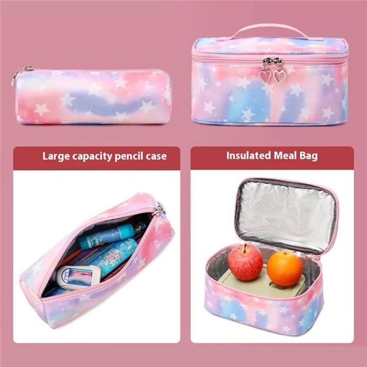 3pcs / Set Stars Padrão Kids Backpack Lunchag Bag Concas - Rosa