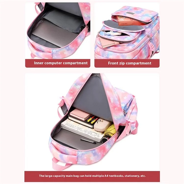 3pcs / Set Stars Padrão Kids Backpack Lunchag Bag Concas - Rosa