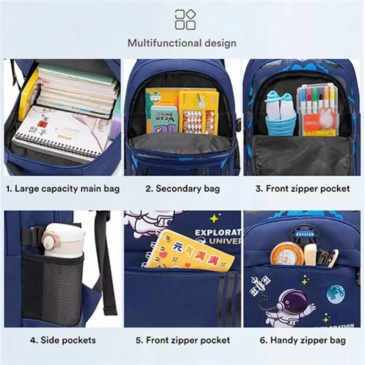 Waterproof Kids Backpack Astronaut Pattern Children School Bag for Boys, Size L - Sapphire