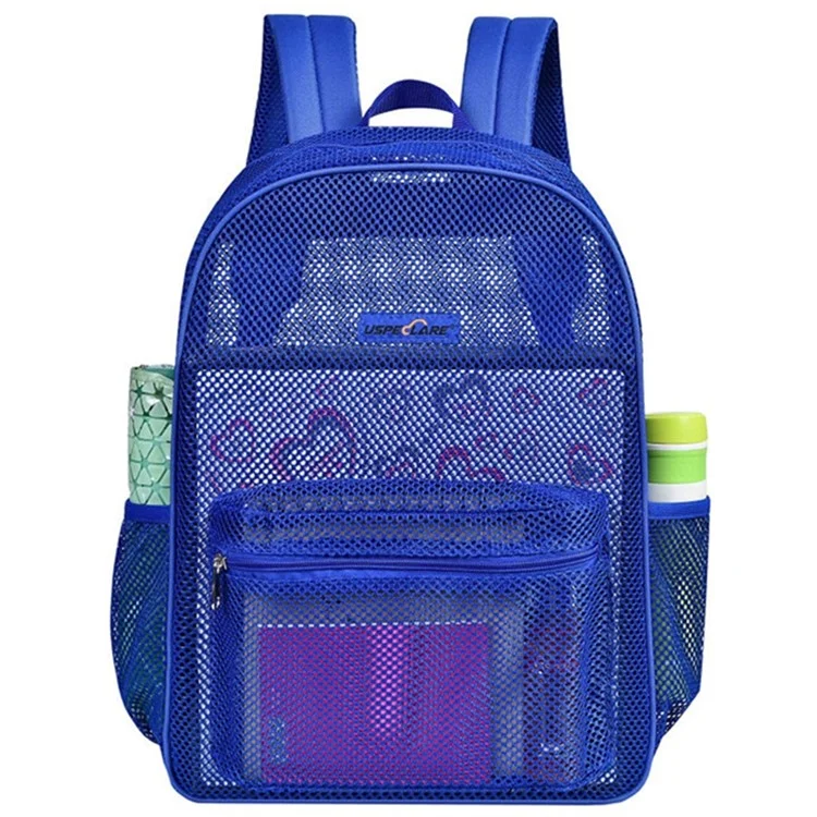 Large Capacity Outdoor Swimming Beach Shoulder Bag See Through Nylon Mesh Backpack - Dark Blue