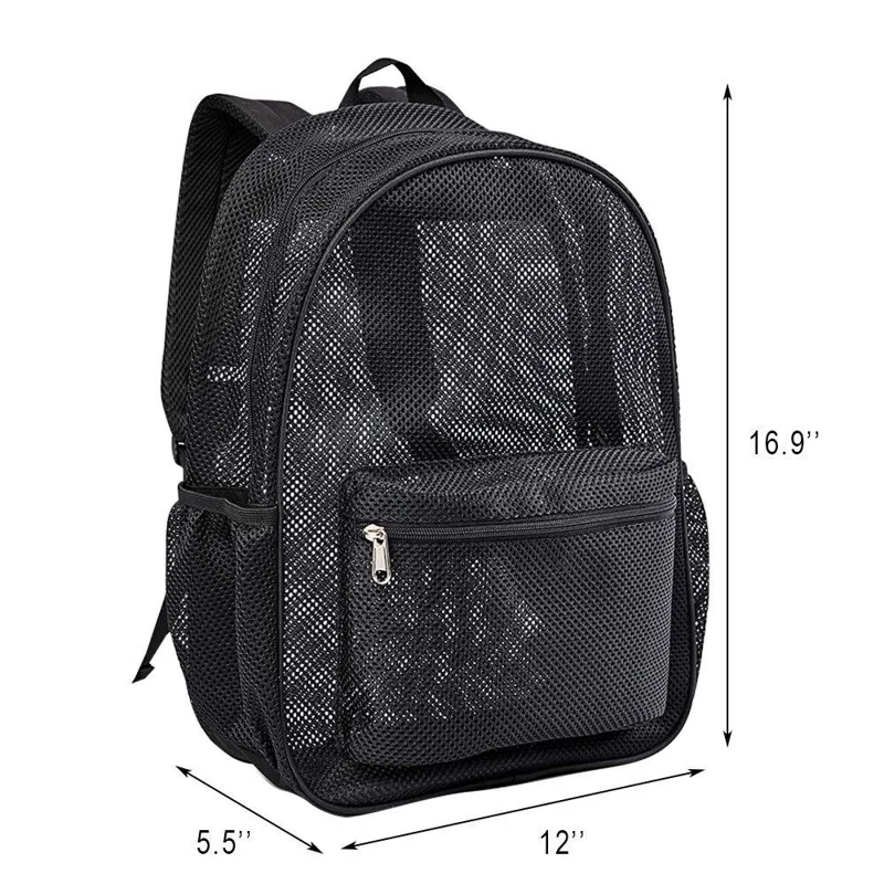 Large Capacity Outdoor Swimming Beach Shoulder Bag See Through Nylon Mesh Backpack - Dark Blue