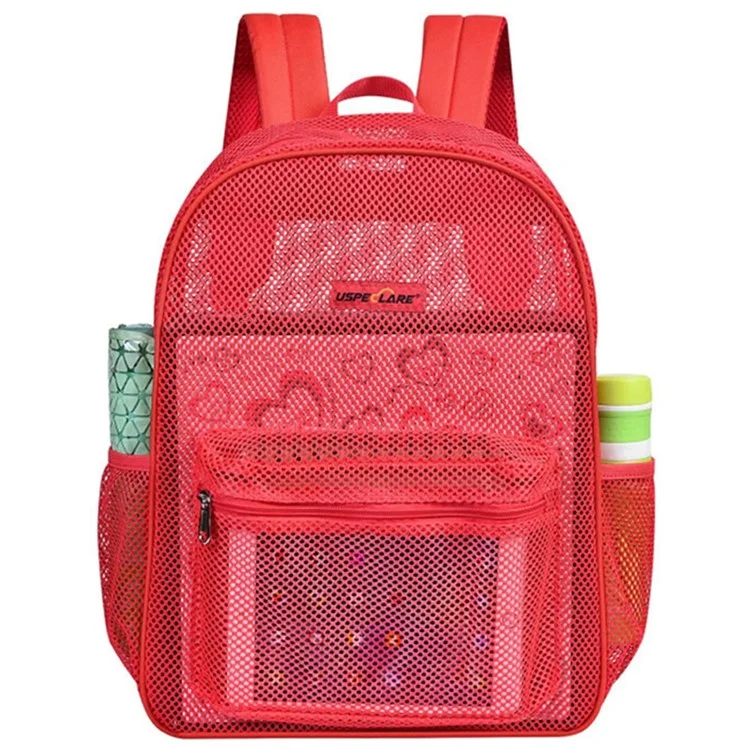 Large Capacity Outdoor Swimming Beach Shoulder Bag See Through Nylon Mesh Backpack - Red