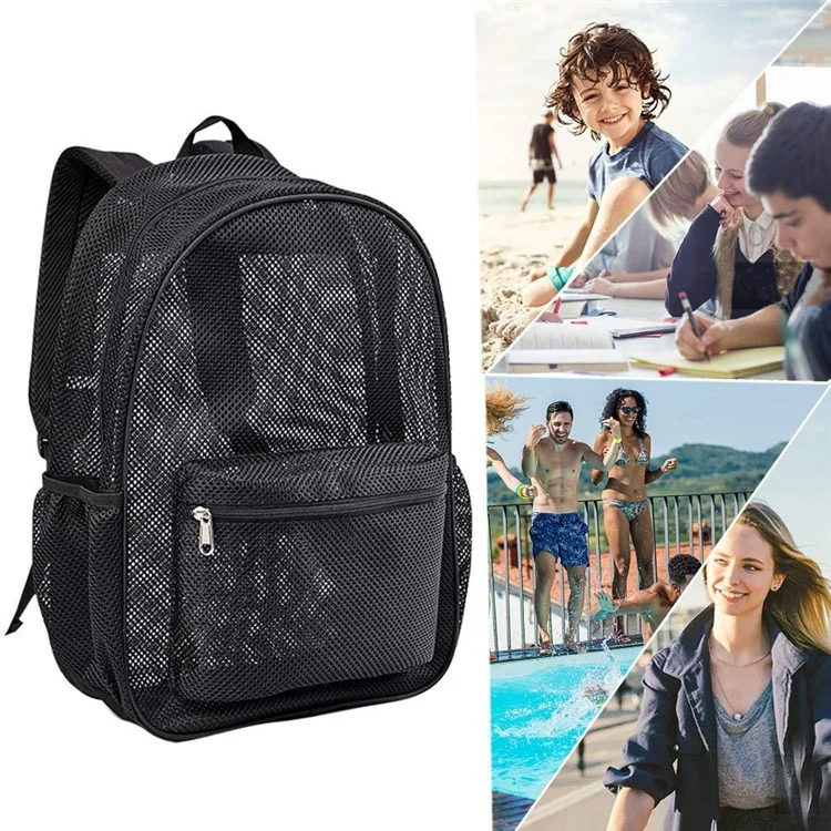 Large Capacity Outdoor Swimming Beach Shoulder Bag See Through Nylon Mesh Backpack - Red