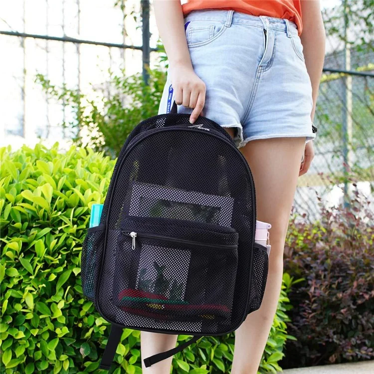 Large Capacity Outdoor Swimming Beach Shoulder Bag See Through Nylon Mesh Backpack - Red