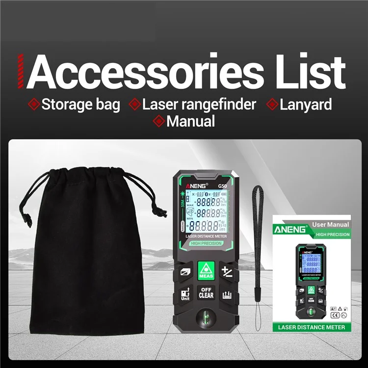 ANENG G50 Misuratore laser portatile 50m Gamma di misurazione Raggio verde Misuratore di distanza Strumento