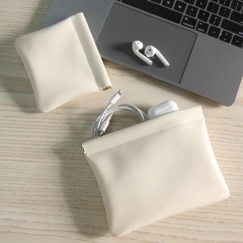 18 x 14cm Auto Closure PU Storage Pouch for Cables, Earphones, Chargers, and Lipstick (Size: XL) - Apricot