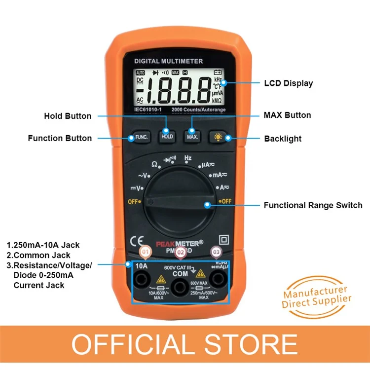 Peakmeter PM8233D Multímetro Digital Hommed Medidor Universal de Alta Precisión