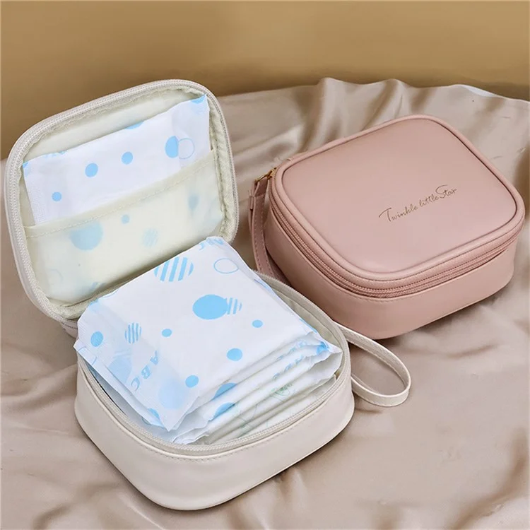 W7PU Portable Sanitary Napkin Storage Bag PU Leather Lipstick Cosmetics Zipper Storage Bag - White