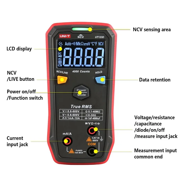 UNI-T UT123D EBTN Display Digital Multimeter Pocket Size AC DC Voltage Resistor Temperature NCV Tester (No Battery)