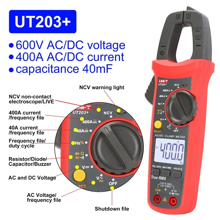 UNI-T Ut203 + Multimètre numérique 400A AC DC mesurant la fréquence, le cycle de service (sans batterie)