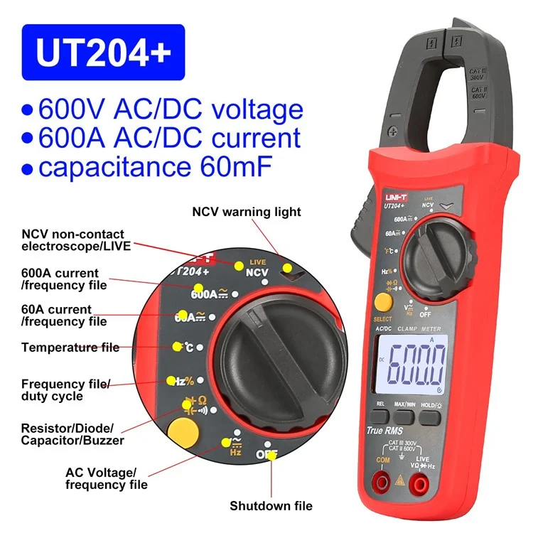 UNI-T UT204+ Digital Multimeter with Auto Range AC DC Current Clamp Meter NCV Measurement Tool (No Battery)