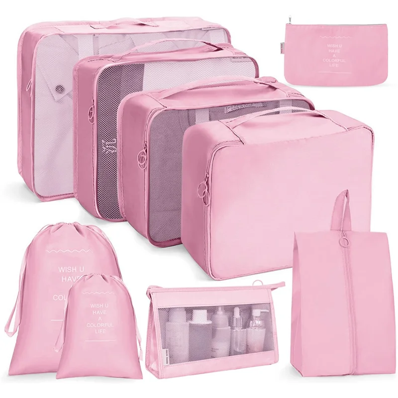 9-Piece Travel Storage Bag Set Polyester Fiber Folding Cosmetic Bag Clothes Storage Bag Drawstring Travel Bag - Pink