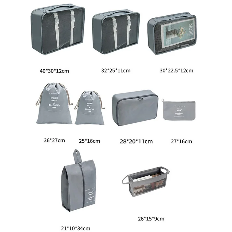 9-Piece Travel Storage Bag Set Polyester Fiber Folding Cosmetic Bag Clothes Storage Bag Drawstring Travel Bag - Pink