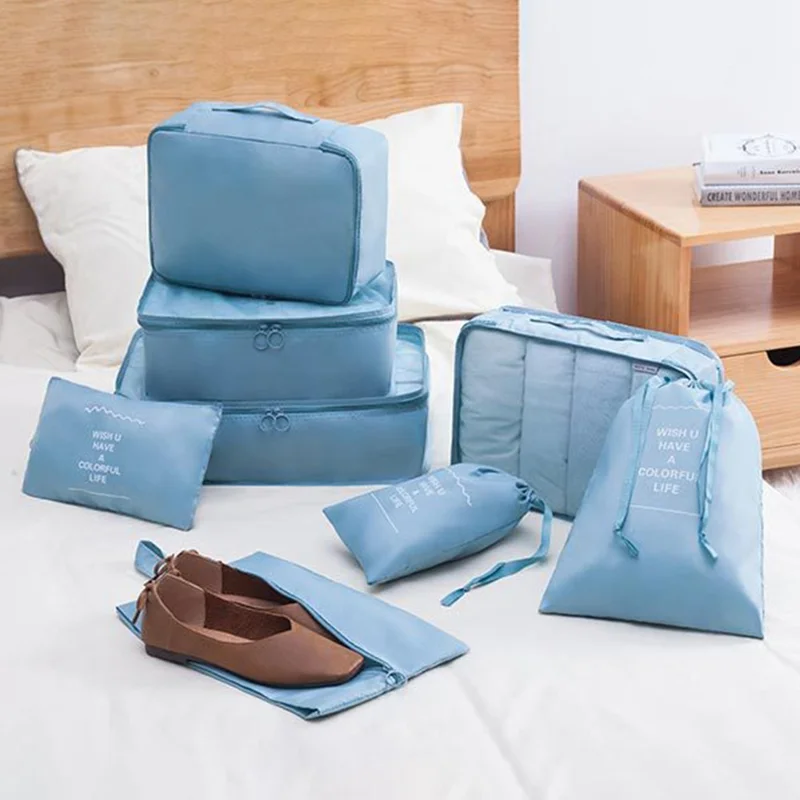 9-Piece Travel Storage Bag Set Polyester Fiber Folding Cosmetic Bag Clothes Storage Bag Drawstring Travel Bag - Pink