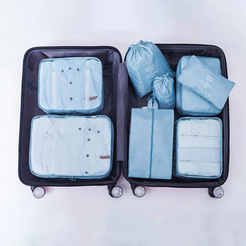 9-Piece Travel Storage Bag Set Polyester Fiber Folding Cosmetic Bag Clothes Storage Bag Drawstring Travel Bag - Pink